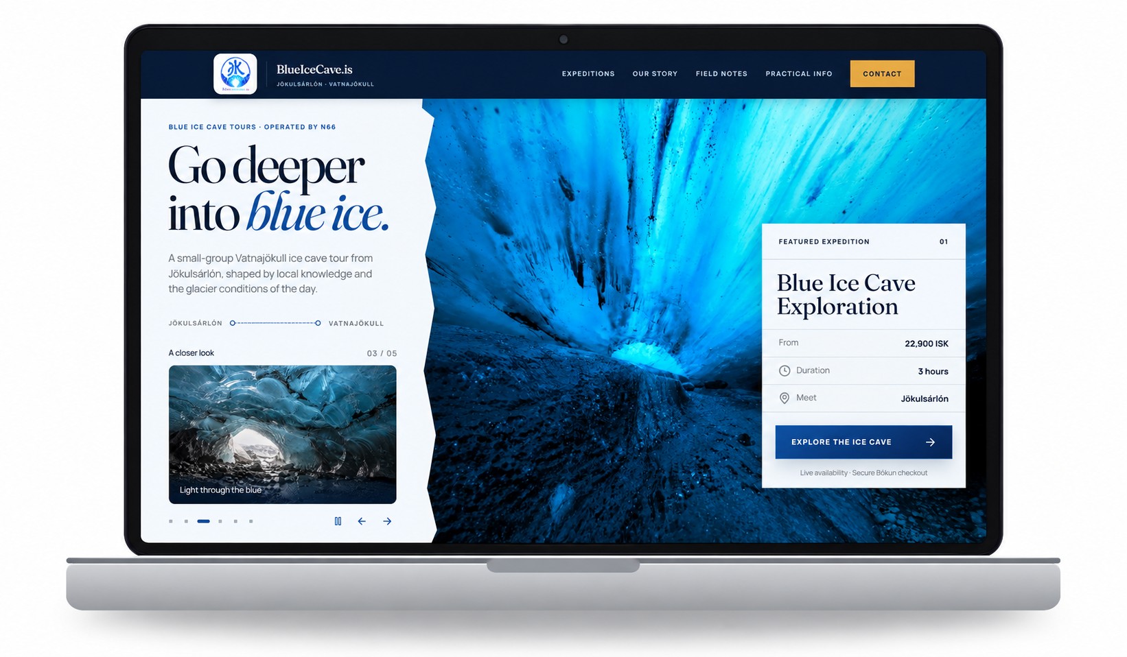 BlueIceCave.is website displayed in a silver laptop mockup